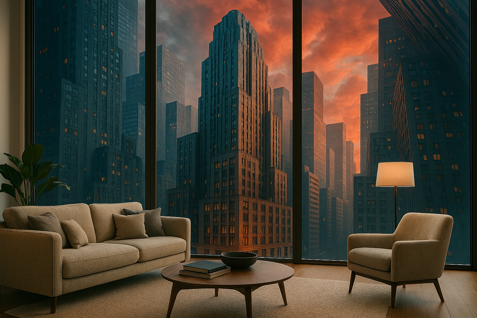 Air B&B photo overlooking a city skyline with blue and red tones